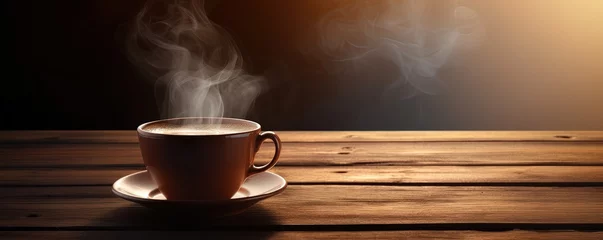 Foto op Aluminium A steaming mug of coffee perched atop a warm wooden surface creates a comforting and inviting atmosphere © Svitlana