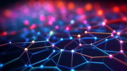 3D render of a colorful glowing nanotechnology grid with depth of field, forming a computer-generated abstract background.