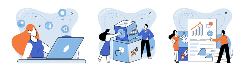 Team work vector illustration. Cooperation among team members fosters positive corporate environment Successful project management requires effective communication within team The companys strategy