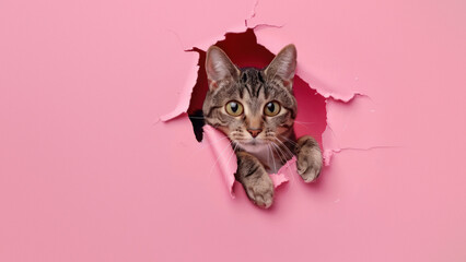 A young tabby cat climbs through a rugged tear in pink paper, curiosity and play in its eyes against a plain background