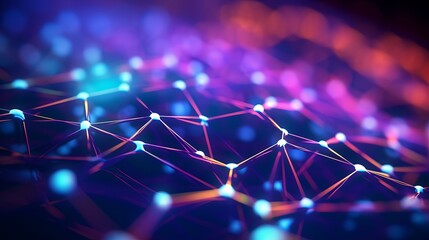 3D render of a colorful glowing nanotechnology grid with depth of field, forming a computer-generated abstract background. - obrazy, fototapety, plakaty
