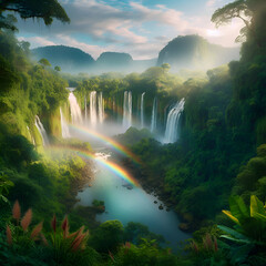A Rainbow Over a Waterfall Surrounded, Cloudy Sunny