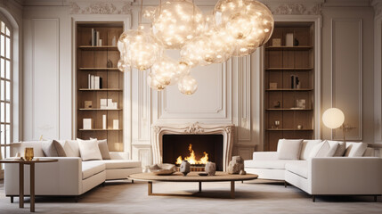 A stylish living room with statement lighting fixtures providing a unique feel