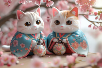 Two charming cute cartoon cats, dressed in traditional kimonos, sharing a moment under the soft pink glow of sakura blossoms