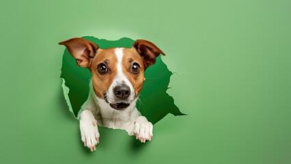 A cute brown and white dog's face peeking through a ripped hole in a solid green colored paper background