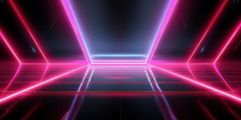 Abstract neon light geometric background. Glowing neon lines. Empty futuristic stage laser....