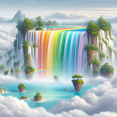 A Waterfall that Flows in All Colors of the Rainbow, Surrounded by Clouds
