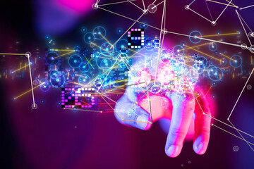 Neural network 3D illustration. Big data and cybersecurity - connection