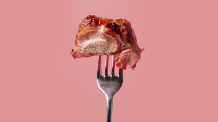 pink background, fork holding up juicy pork roast - obrazy, fototapety, plakaty