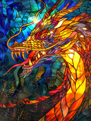 Whimsical stained glass artwork of a fearsome dragon roaring amidst flames, fantasy concept
