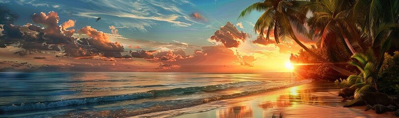 Sunset with palm trees on beach, landscape of palms on sea island. AI generated illustration