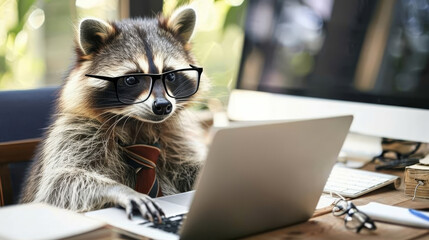 A raccoon dog in a suit and glasses in an office, working on laptop
