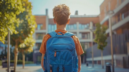 Back to school concept. Schoolboy with full backpack go to school. Back view. AI generated illustration