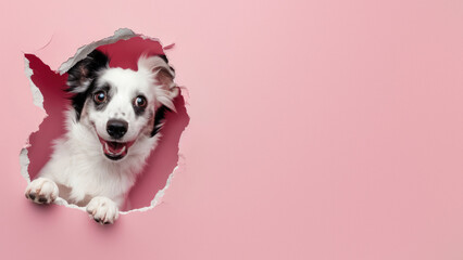 A charming dog's snout pushes through a hole in a pink paper, implying playfulness and inquisitiveness