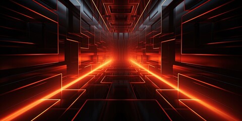 Breakthrough concept. Black maze like sci-fi style corridor or shaft background with red orange glow ahead. Abstract Exit or goal concept.
