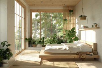 A bedroom with a minimalist approach, featuring organic materials in a green and white palette