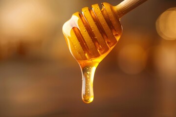 a honey dripping from a wooden stick - obrazy, fototapety, plakaty