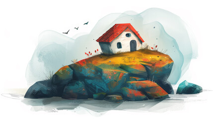 A symbolic illustration of a sturdy house on a solid rock, representing the biblical parable of a wise man building his house upon a rock, contrasting with the folly of building on sand.