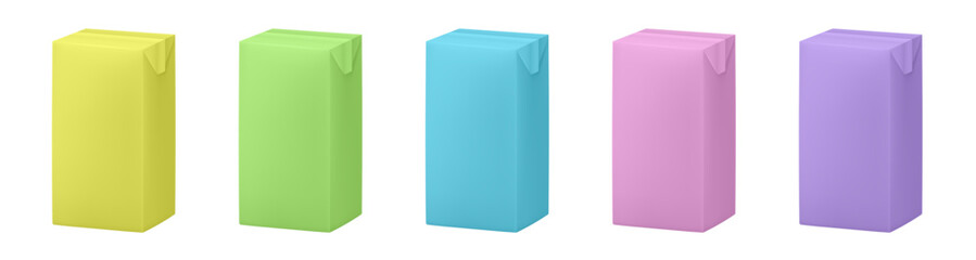Set of juice or milk cardboard package. Vector mockup . Carton package. Yellow, green, blue, pink and purple boxes for dairy products. Banana, strawberry, vanilla, wildberry or bubble gum milkshake