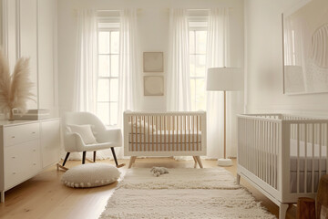 A serene and minimalist nursery designed for baby, white color newborn room interior design