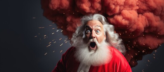 A man with a beard wearing a red shirt is holding a bomb, possibly in a festive setting like a Christmas party. - obrazy, fototapety, plakaty