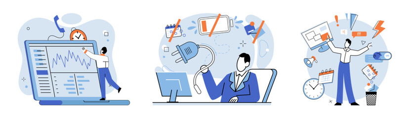 Working hard vector illustration. Balancing workload and meeting deadlines is crucial for managing stress and promoting well being Discrimination in corporate world can lead to frustration and sense