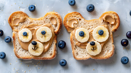 Food for kids, bear face toast with banana and peanut butter