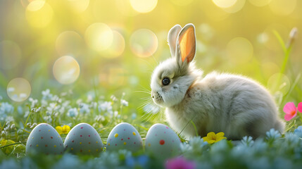 Easter bunny rabbit and Easter eggs on green grass field in dreamy springtime