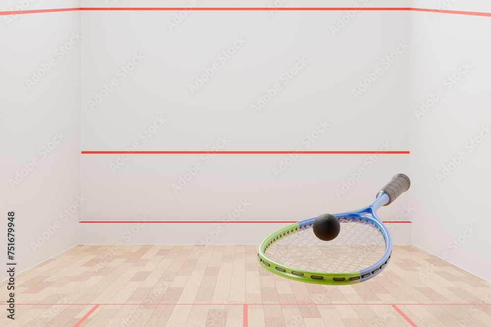 Wall mural Squash racket and ball close-up against the backdrop of a sports room with a court. 3d rendering