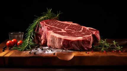 steak banner. ribeye steak, raw fresh meat on wooden board on dark background. 