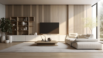 A stylish living room with a sleek entertainment center, sophisticated Smart Home technology, and modern decor