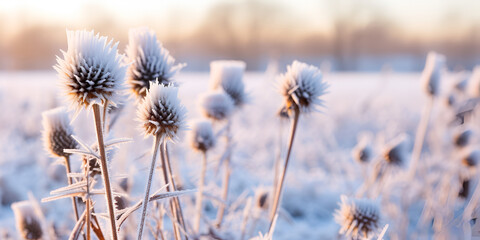 Snow Of Thistle, Frost and snow covered thistles in a wild field in winter,  a natural wildflower meadow were covered with snow, Generative AI
