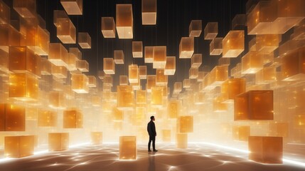 people walking in the city square cubes with lights background - obrazy, fototapety, plakaty