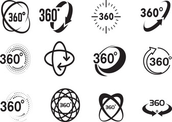 Vector icon set. Round signs with arrows rotation to 360 degrees. Rotate symbol isolated on transparent background. Vector illustration.