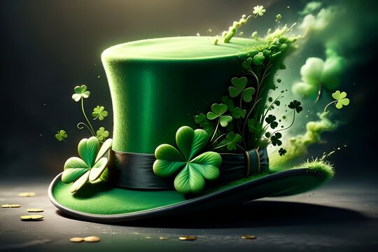 Abstract green background for St. Patrick's Day, hat decorated with shamrock leaves.