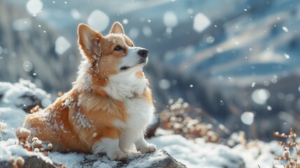 A corgi, a carnivorous dog breed, sits on a snowy rock in a natural landscape
