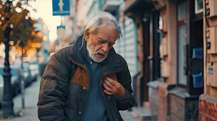 Heart disease. Senior male stands bent over on the city street and holds his hand to his chest, felt severe pain and spasm in his heart - obrazy, fototapety, plakaty