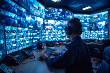 Security Personnel Monitoring Multiple CCTV Feeds
