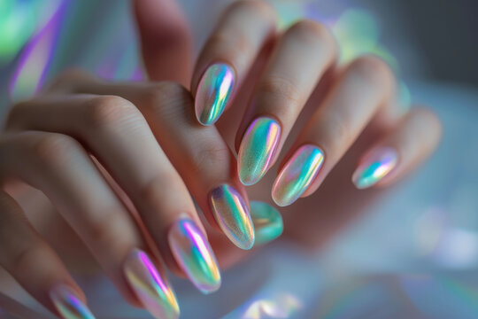A close-up of a woman's hands with a cool holographic manicure.