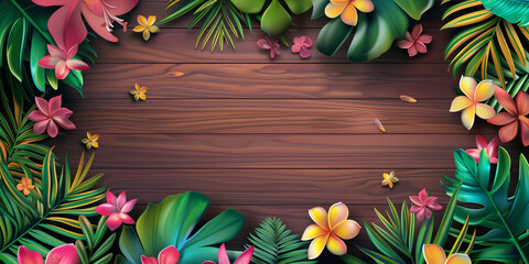 Tropical leaves and flowers on wooden table with copy space