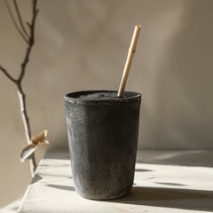 Charcoal smoothie in a matte black ceramic cup with a bamboo straw, artistic shadow play. Zen minimalism concept. Design for wellness blog, sustainable living guide, poster