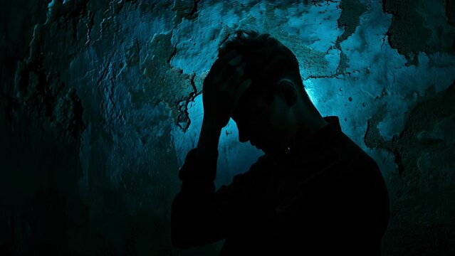 Schizophrenic man, sad after receive bad news. Stressed boy confused with unhappy problem, cry and worry about unexpected work, down economy, bipolar, health, sadness, grief, problems