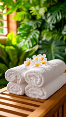 Obraz na płótnie Canvas Spa Towels with Frangipani Flowers on Wooden Surface. Beauty spa concept. Wellness center.