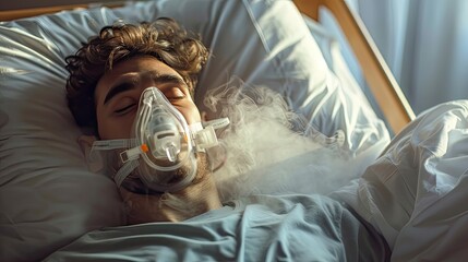 Young man wearing oxygen mask sleeping in bed, recovering after sickness in hospital ward. Hospital banner. Health care - obrazy, fototapety, plakaty
