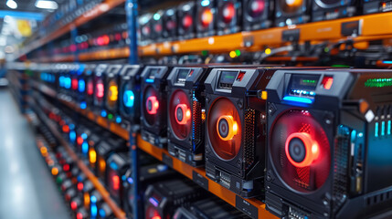 In a barn rows of equipment lay the foundation for successful crypto mining venture - obrazy, fototapety, plakaty