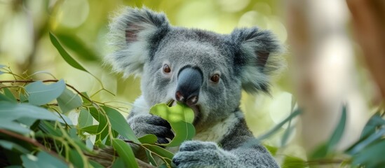 Fototapeta premium Adorable koala sitting peacefully in eucalyptus tree in Australian forest