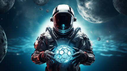 Fototapeta premium Futuristic astronaut holding cosmic glowing energy sphere with multiple moons and nebulous backdrop, symbolizing cosmic power