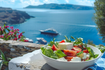 Greek salad with fetax cheese on the background of the sea in Greece