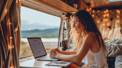 Young woman working outside with camper van. working on laptop at the beach and camping mountain. For banners, covers, backgrounds about work while traveling. Freelance work - obrazy, fototapety, plakaty