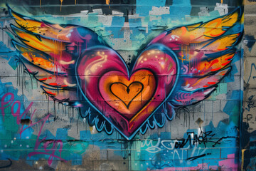 A colorful graffiti of a heart with wings and the initials of a couple